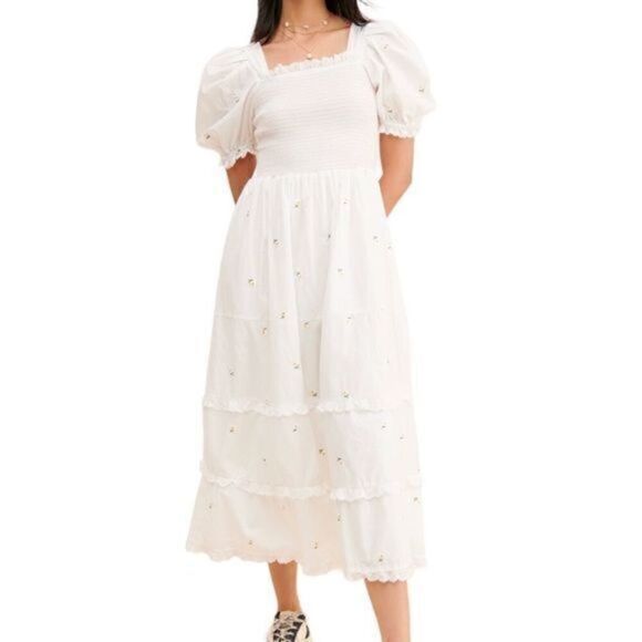 Sister Jane Dresses & Skirts - New Sister Jane Coastland Petal Midi Dress Puff Sleeve Tiered Ruffle S White